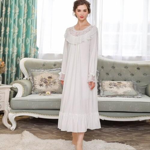 Autumn Cotton Long Sleepwear Dress Women Vintage Lace Long Sleeve White Dress Nightgown Elegant Ladies Loose Plus Size Lingerie