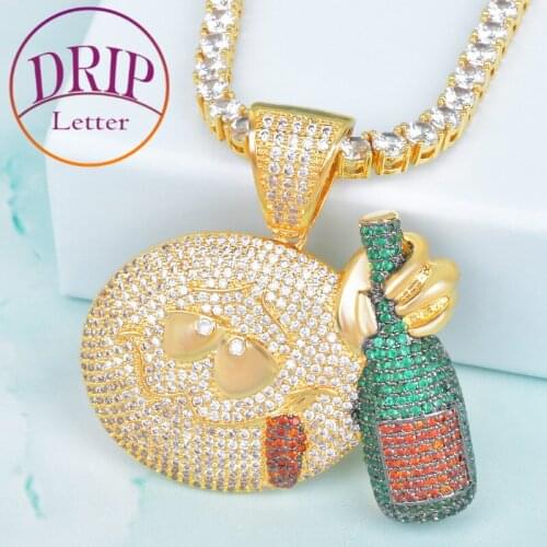 Face With Wine Bottle Pendant Necklace Gold Color Cubic Zircon Mens Hip Hop Rock Jewelry