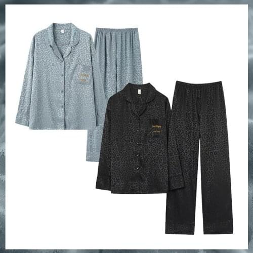 M-3XL Couple Leopard Faux Silk 2PCS Pajamas Suit Lover Loose Nightwear Spring Autumn Casual Sleepwear Full Sleeve Pant Home Wear