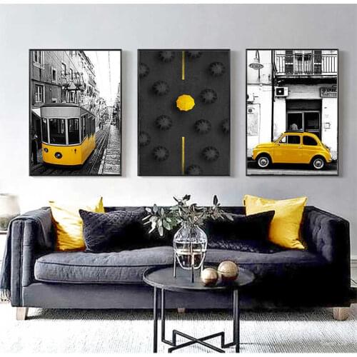 Yellow Bus Umbrella Black and White Modern Style Canvas Wall Art Posters Prints Canvas Painting Nordic Living Room Home Decor