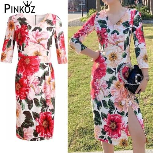 Pinkoz red floral elegant slim midi dresses for women v-neck office lady fashion new chic daily clothing y2k dress sukienki robe