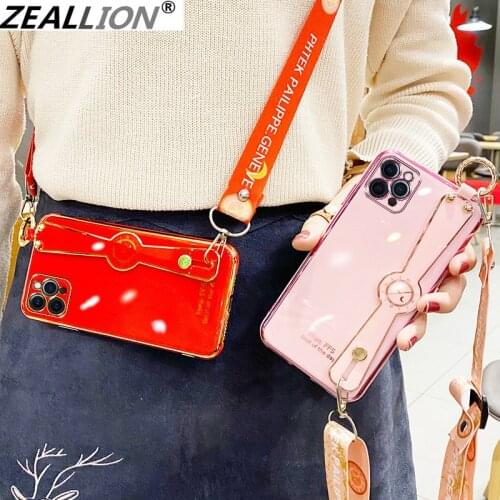 Zeallion Luxury IMD Case For iPhone 6 7 8 Plus SE XR X 11 12 Mini Pro Max 2020 Mini Plating Silicone Soft Cover With Wristband