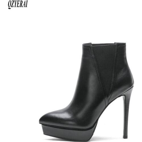 Brand women boots Genuine leather Female boots 13cm High heels black fashion Autumn winter Womens shoes Size 34-41
