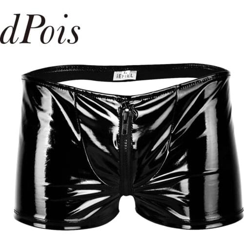 Mens Lingerie Shiny Metallic Patent Leather Zipper Bulge Pouch Open Butt Boxer Briefs Underwear Panties Low Rise Party Club wear