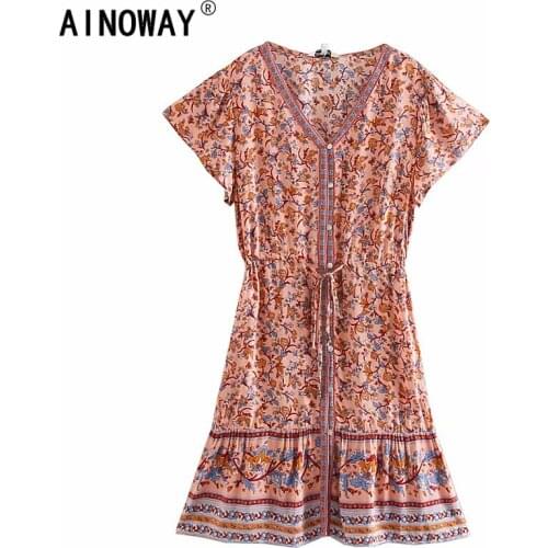 Vintage chic women floral print deep V-neck Vacation Bohemian mini dress Ladies short sleeve botton Boho dresses vestidos
