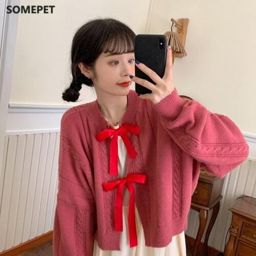 Japanese Autumn Knitting Cardigan Sweet Mori Girl Bandage Bow Full Sleeve Sweaters Wear On Both Sides Twist Solid Loose Sweater