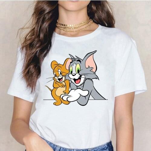 Cartoon Patterns Printed Summer Women T-Shirts Streetwear Round Neck Short Sleeve Casual Simple Graphic Tops Girls Harajuku Tees