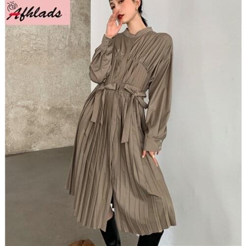 High Quality Luxury Pleated Bow Solid Color Dress Women Autumn And Winter Long Sleeve Single-Breasted Casual Party Vestidos