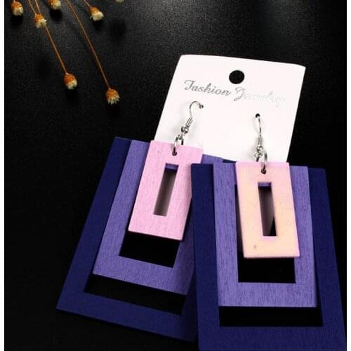 Natural Wood Circle Geometric Round Rectangle Multilayer Square Hollow Drop Earrings 1Pair Big Graceful Wooden Multicolor
