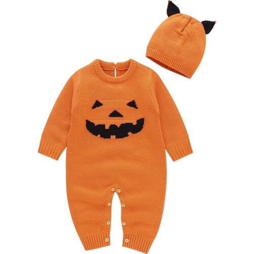 2Pcs Baby Clothes Halloween Costume Outfit Smiling Face Long Sleeves Romper Cute Hat for Toddler Girls Boys Childrens Clothing