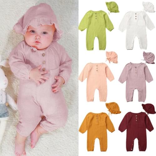 2Pcs Newborn Kid Baby Girl Clothes Long Sleeve Romper Jumpsuit+Hat Autumn Cotton Linen Baby Girl Clothing Outfit Set