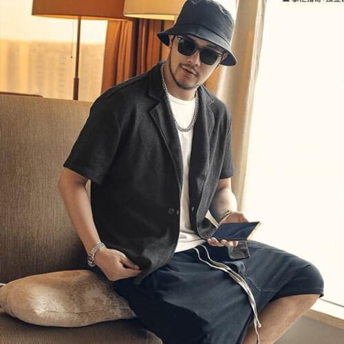 2021 new loose knit cardigan cotton waffle mens suit Lapel short sleeve shirt f6055