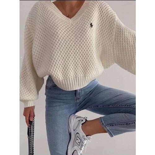 2021 Pullovers Women Spring Autumn Sweaters Solid V-Neck Loose Casual Daily Basic Womens Knitted Turtleneck Long Sleeve Sweater