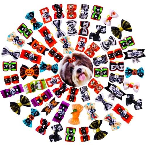 20p Halloween Dog Bows Skull Pumpkin Dog Supplies Samll Dog Cat Hair Accessories Rubber Bands Dog Hair Bows Holiday Pet Supplies