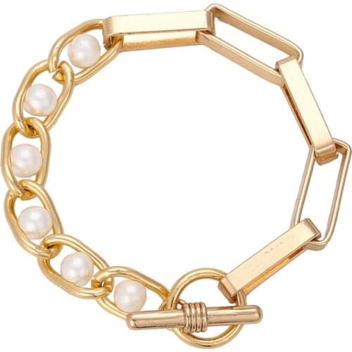 Simple Ot Button Pearl Hand Ornament Womens Fashion Creative Splicing Metal Chain Bracelet Accessories