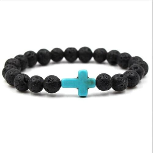 Cross 8mm Black Lava Stone Beads Bracelet DIY Essential Oil Perfume Diffuser Bracelets Stretch Yoga Jewelry Women