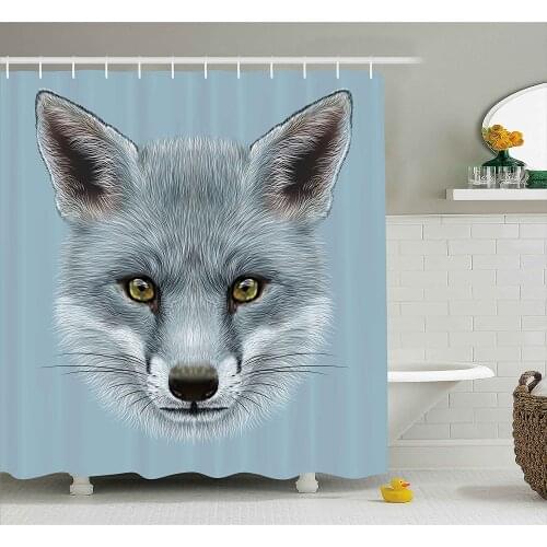 Animal Shower Curtain Artistic Grey Fox Portrait Fluffy Forest Creature Mammal Wildlife Style Illustration Bath Curtains