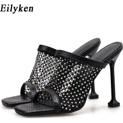 Eilyken Fashion Women Snake print Peep Toe Stilettos Heels Slippers Summer Hollow Breathable Mesh Color Diamond Party Shoes