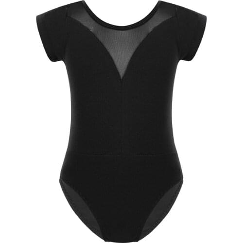 Kids Short Sleeve Mesh Splice Gymnastics Leotard Girls Ballet Dancewear Sports Romper Children Stage Performance Dance Costume