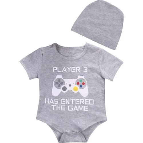 Sumemr Cute Toddler Infant Newborn Baby Boy Girl Unisex Pretty Cute Game Play Printed Bodysuit Hat Jumpsuit Clothes Outfits