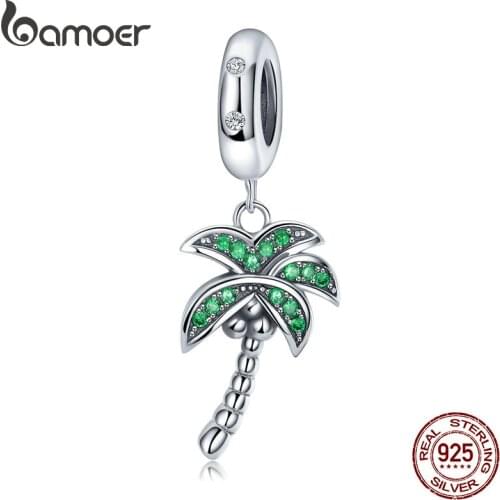 BAMOER High Quality 925 Sterling Silver Coconut Tree Charm Green CZ Pendant fit Charm Bracelets DIY Jewelry Making SCC697