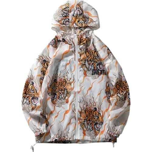 Mens Sunscreen Clothing Summer Thin Tiger Head Print Loose Hooded Jacket Breathable UV Protection Outdoor Windbreaker Outerwear