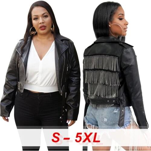 Large Womens Leather Jacket Tassel Zipper PU Lapel with Belt Casual Womens Classic Motorcycle Rider Thick Faux Leather Jacket