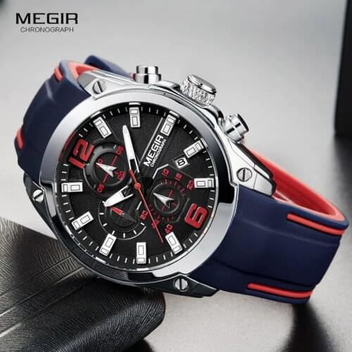 MEGIR Mens Chronograph Analog Quartz Wristwatches Date Luminous Hands Waterproof Silicone Sports Watches Men Relogio Masculino
