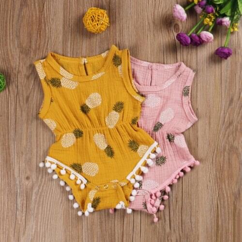 Cute Newborn Baby Girls Clothes Bodysuit Cotton Linen Sleeveless Pineapple Printed Pattern Pompom Jumpsuit+Headdress Kids Suit