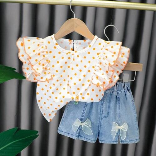 Baby Girls Fashion Clothes Set 2021 New Summer Refreshing Polka Dot T-shirt+Denim Bow Shorts Suits Flying Sleeve Children Outfit