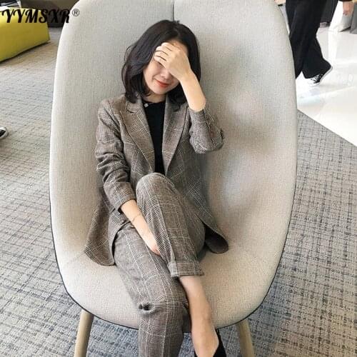 Autumn and winter plus size womens temperament ladies suit pants two-piece female casual long-sleeved plaid jacket Slim pants