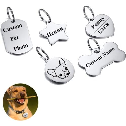 Free Custom Engraving Cat Dog Puppy ID Tag Personalized Pet Charm Collar Stainless Steel Necklace Pendant Bone Round Star Square