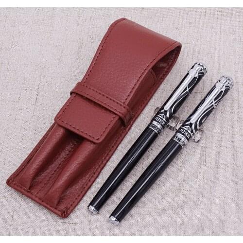 Duke Ruby Fountain Pen & Rollerball Pen with Real Leather Pen Case Bag Washed Cowhide Pen Holder Writing Gift Set