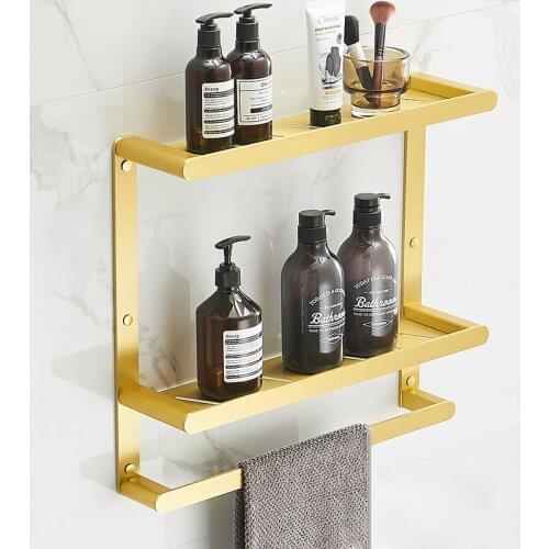 Bathroom Shelf With Towel Bar Brushed Gold Kitchen Shelves Shower Basket Towel Rack Robe Hooks aluminium Bathroom Accessories