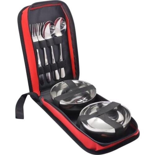 6pcs Portable Stainless Steel Tableware And Cutlery Bag With Spoon Fork Bowl For 2 People Travel Outdoors Hiking Camping picnic