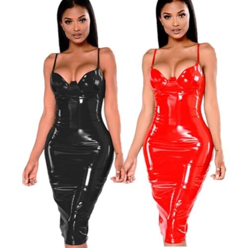 Halter Spaghetti Strap PU Leather Sexy Split Dresses Womens Bodycon Sleeveless Slim Pvc Latex Party Dress