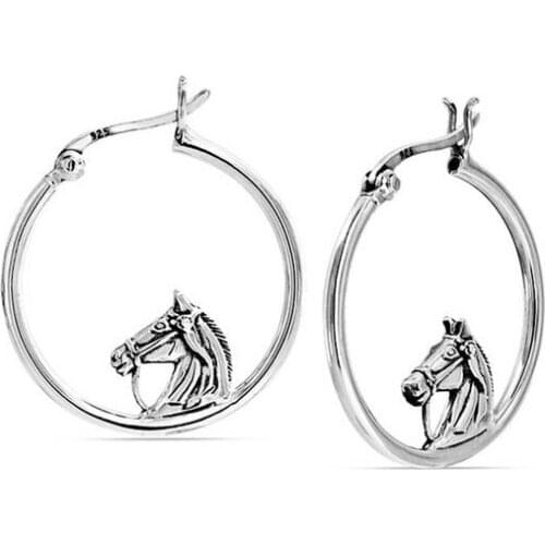 Equestrian Silver Plating Horse Lover Round Hoop Earrings Horse Jewelry