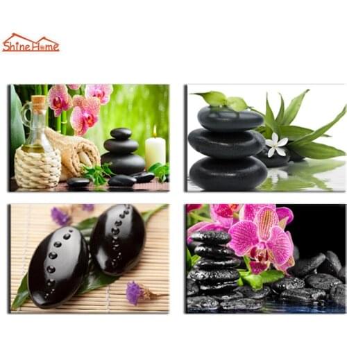 ShineHome-4pcs Canvas Prints Wall Painting Black Cobble Zen Stone Spa Nail Body Salon Yoga Artwork Modular Picture on The Wall