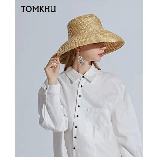 TOMKHU Vintage French Hepburn Mesh Primary Color Straw Hat Sun Seaside Beach Hat Female Summer Big Sun Cap High Quality Handmade