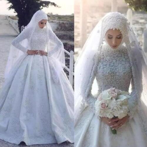 Modest Muslim Long Sleeve Wedding Dresses 2020 High Neck Lace Appliques Bridal Gown Vestido De Novia Bride Dress Robe De Mariee