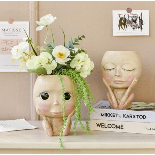 Human Face Vase Decoration Big Eyes Doll Resin Flowerpot Figure Sculpture Crafts Storage Container Flower Arrangement Container