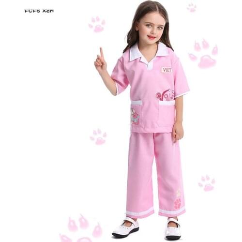 XS-L Pink Girls Halloween Veterinary Costumes Kids Children Doctor Nurse Cosplay Carnival Purim Masquerade Role play Party dress