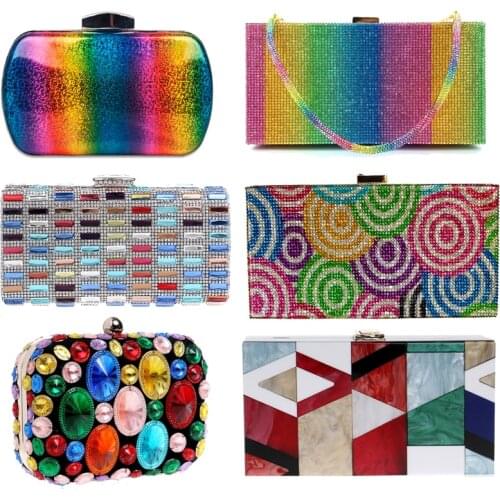 Candy Color Women Beading Evening Bags PU Fashion Chain Shoulder Diamonds Day Clutches Rainbow Party Wedding Handbags