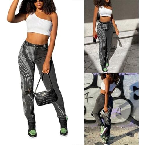 Women Denim Trousers, Ripped Jeans High Waist Casual Pocket Dye Printed Streetwear