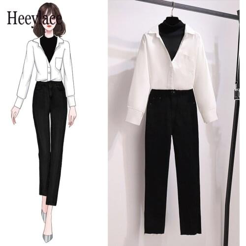 2020 Autumn office ladies long sleeve two pieces set for women fake two-piece patchwork shirt and high waist black pants sets
