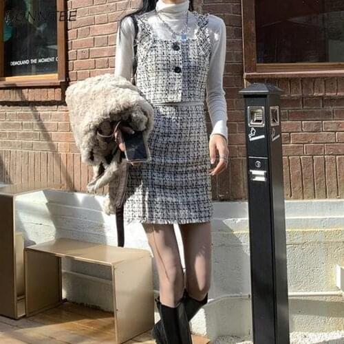 Sets Women Plaid Square Collar Spring Sleeveless Fashion Korean Style Mujer De Moda Crop Female Outfits Two Piece Casual Daily