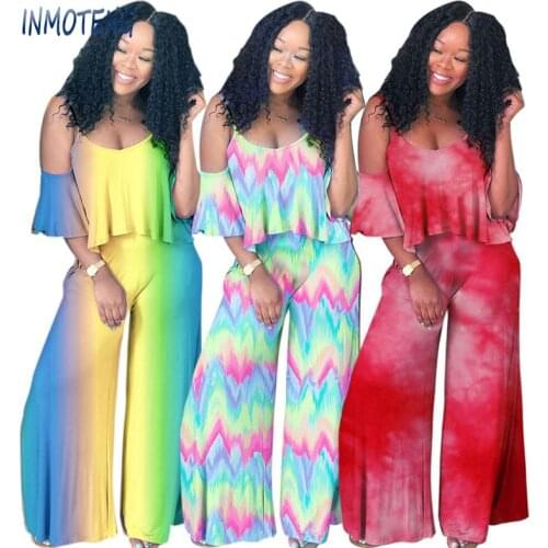 INMOTENG Cold Shoulder Spaghetti Strap Ruffles Tops Wide Leg Pants Women Plus Size XXL Color Block Loose 2 Pieces Summer Wear