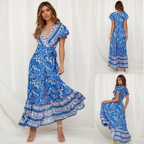 2021 summer V-neck short sleeve print positioning flower dress long skirt high waist slim dress
