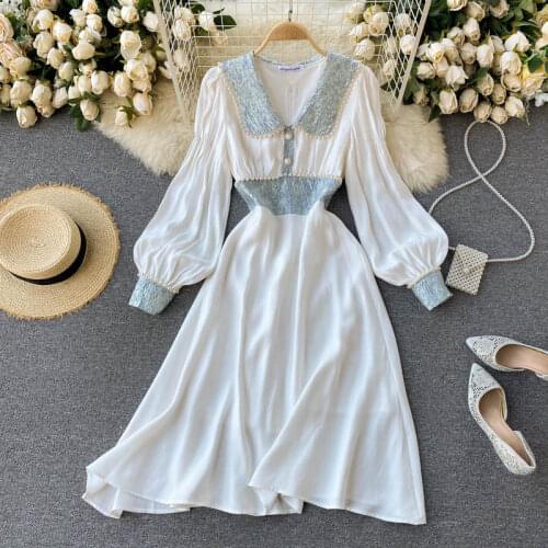 Menahem Elegant Pearls Beading Midi Dress Women Peter Pan Collar Long Puff Sleeve Jacquard Patchwork Party Dress 2021 Summer New