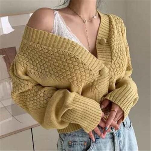 Winter Clothing Korean Chunky Knitted Cardigan Ladies With Sexy V-Neck Buttons Loose Long Sleeve Sweaters